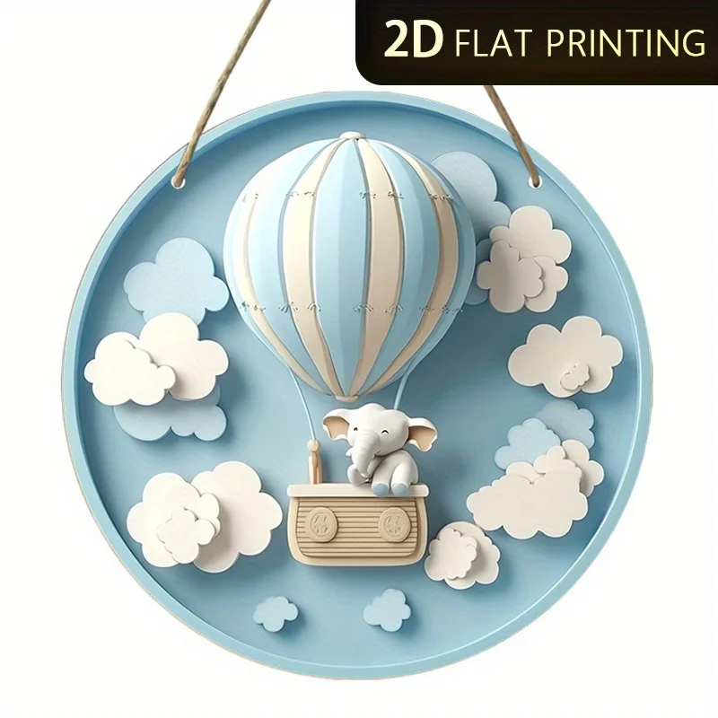 2D Flat, Wood Round Wall Hanging Plaque - Humorous Elephant & Hot Air Balloon Design Suitable for Home, Office, Cafe Decor, Birt