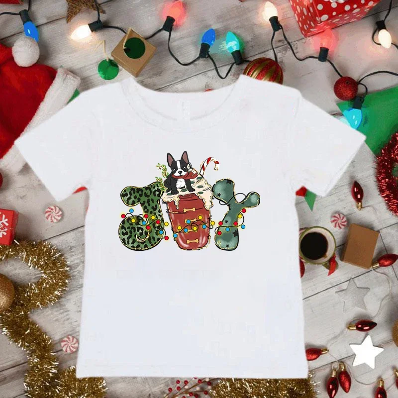 Christmas Bulldog Lights Children's T-Shirt Merry Christmas Tee Shirts Cartoon Animal Kawaii Clothes Girls Boys Christmas Tops