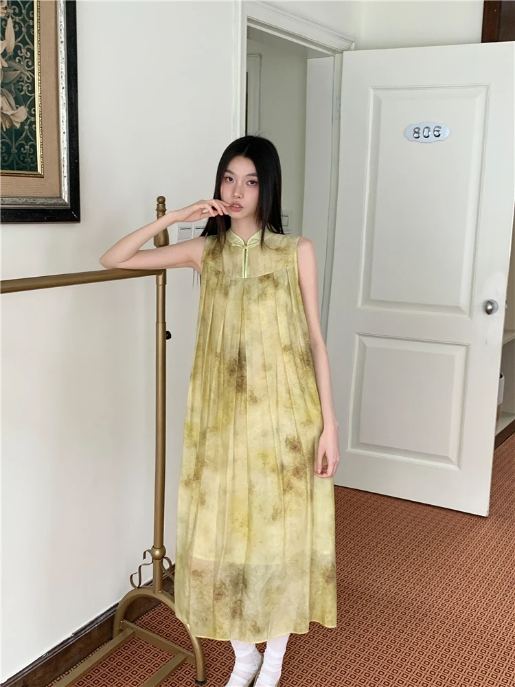 CHEERART Vintage amarillo Floral sin mangas vestidos largos transparentes 2025 mujer suelto plisado vestido Midi fluido ropa de verano