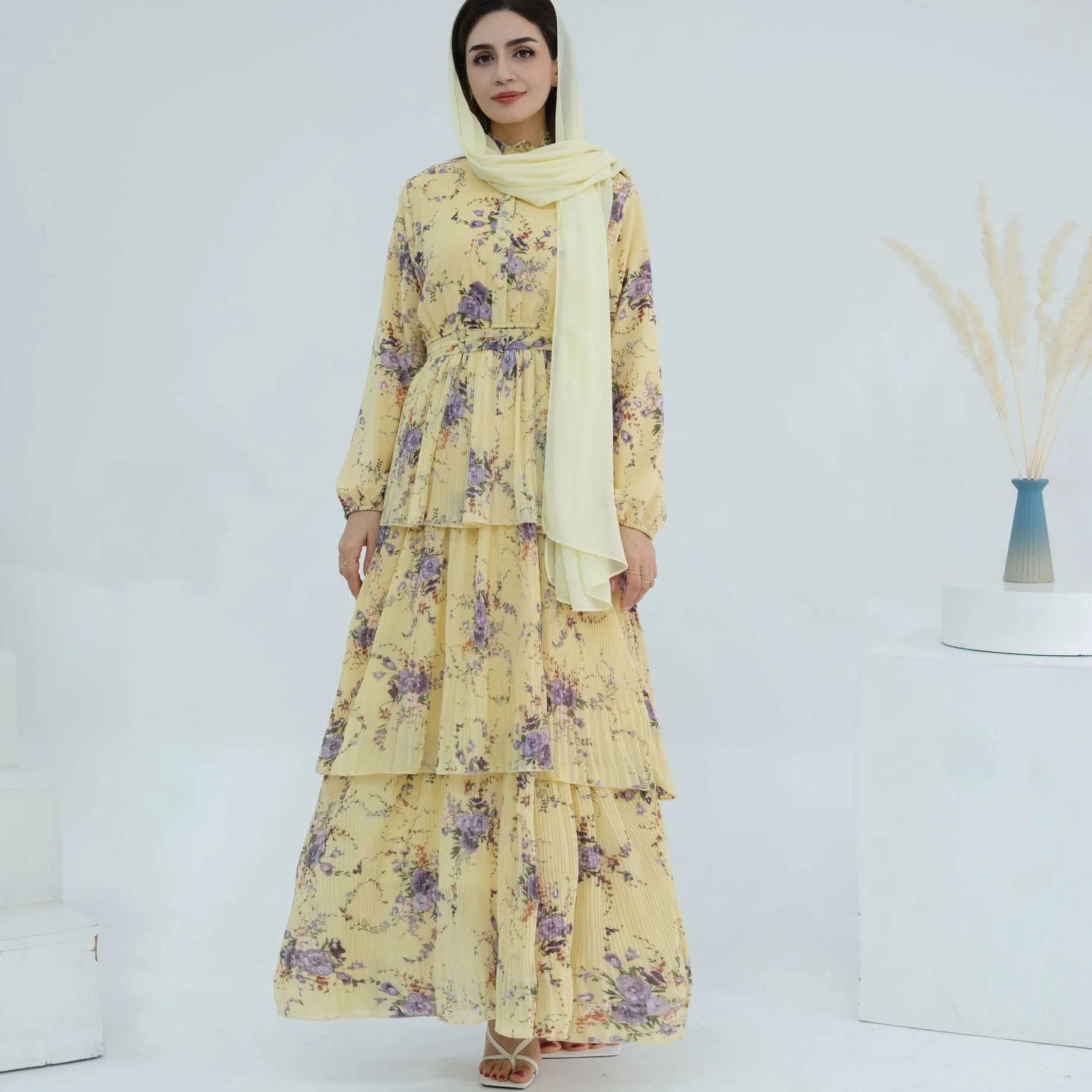 

Muslim Fashion Dress New Islamic Women Clothes Modest Dress Long Sleeve Floral Printed Chiffon Three Layer Muslim Women Dress