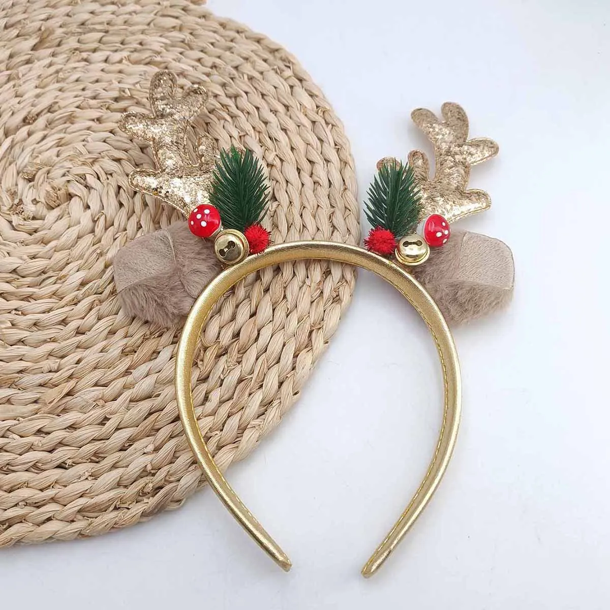 Bandeau de noël en forme de champignon à paillettes dorées, 1 pièce, grand corne de cerf, cloche, couvre-chef festif pour femmes, accessoires pour cheveux de Style forêt