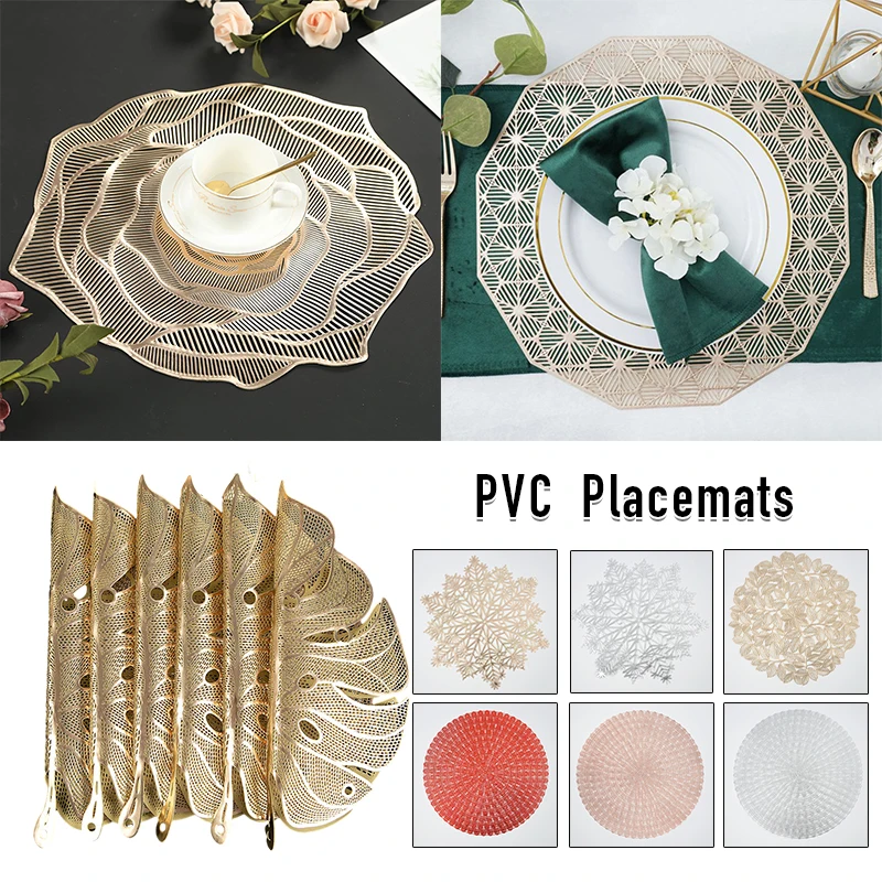 Gold Silver Hollow Placemats, PVC Isolamento Pad, Mesa de jantar Mat, Coaster impermeável, Oil-Proof Mat Tabela, Decoração, 6pcs