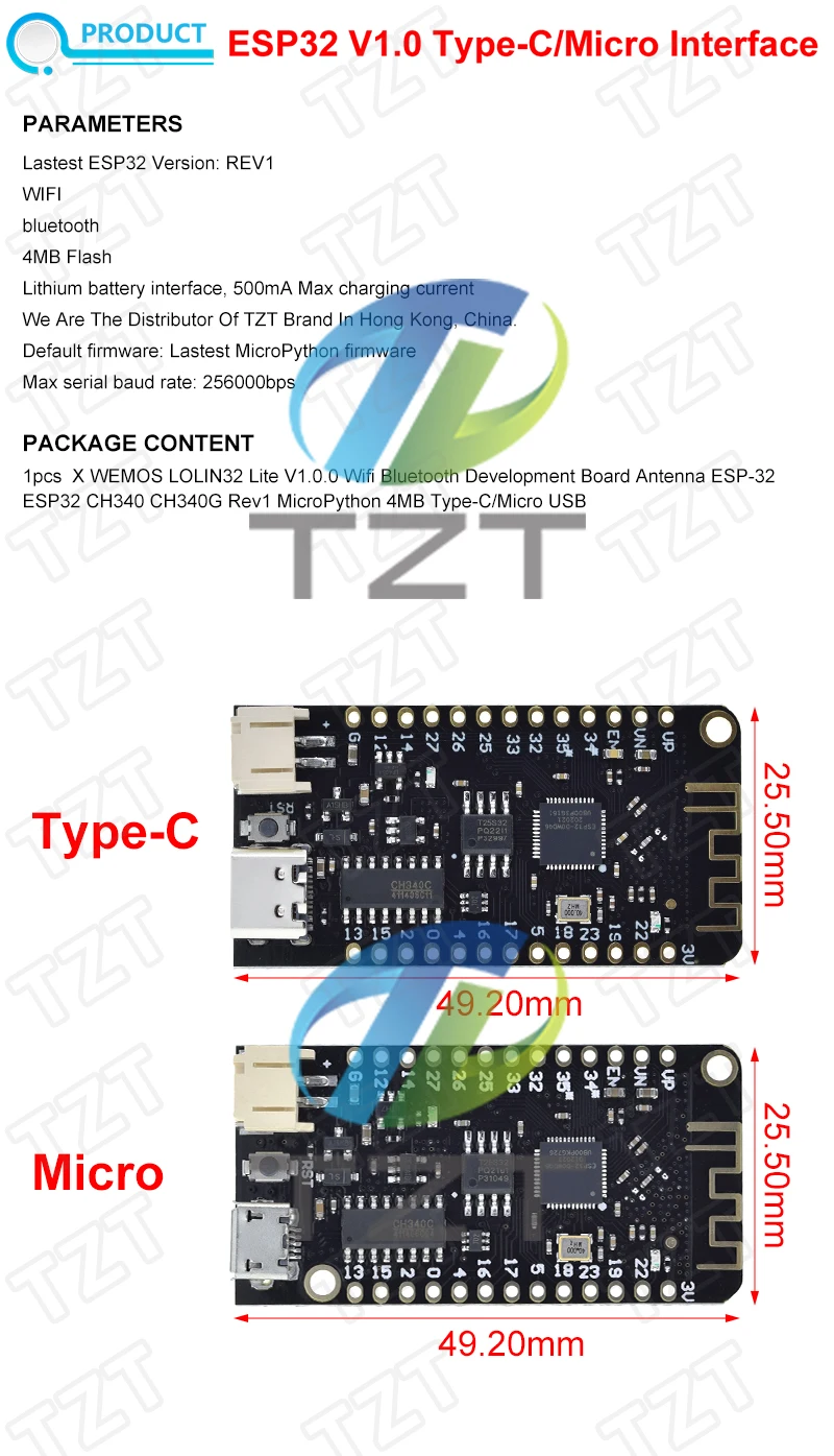TZT ESP32 Lite V1.0.0 WIFI+Bluetooth Entwicklungsboard mit Antenne ESP32 ESP-32 REV1 CH340G MicroPython 4MB Micro USB für Arduino – Detail 1