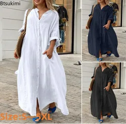 2024 Women's Casual Cotton Linen Long Dress Solid Long Sleeve Oversize Shirt Dresses Female Fashion Loose Ladies' Clothing Dress