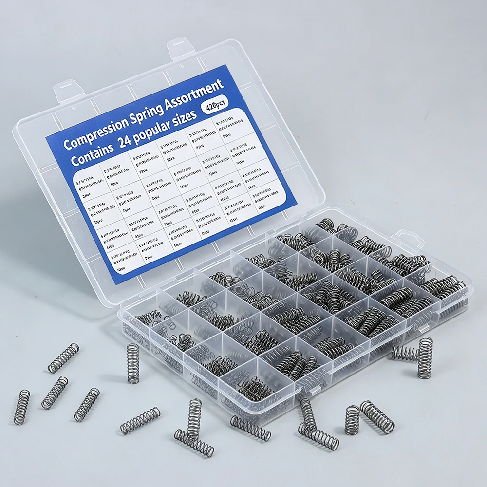 420-teiliges Druck- und Zugfeder-Set, 24 Größen, Edelstahl-Kleinfedern, Hardware-DIY-Werkzeug für Elektronik und Mechanik – Detail 1