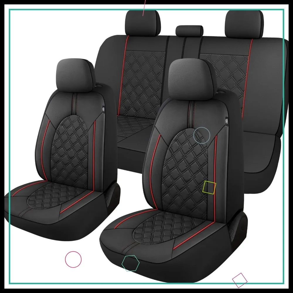 

Universal PU Leather Car Seat Covers Full Set, Non-Slip Fit for Cars Trucks SUVs Vans, Airbag Compatible Black Red