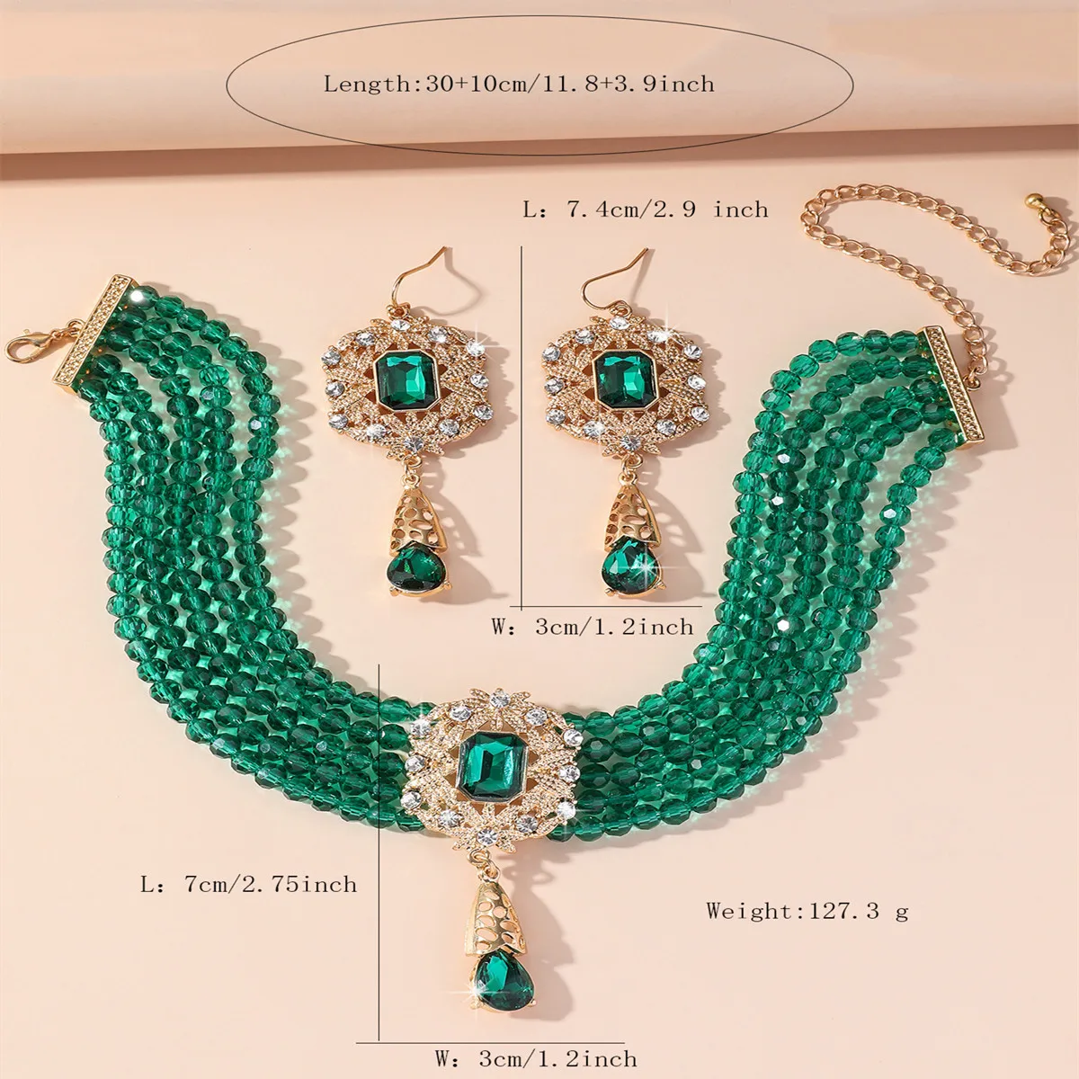 FYUAN Multilayer Green Red Blue Black Crystal Necklace Geometric Hollow Alloy Earrings For Women Weddings Banquet Jewelry Sets view 6
