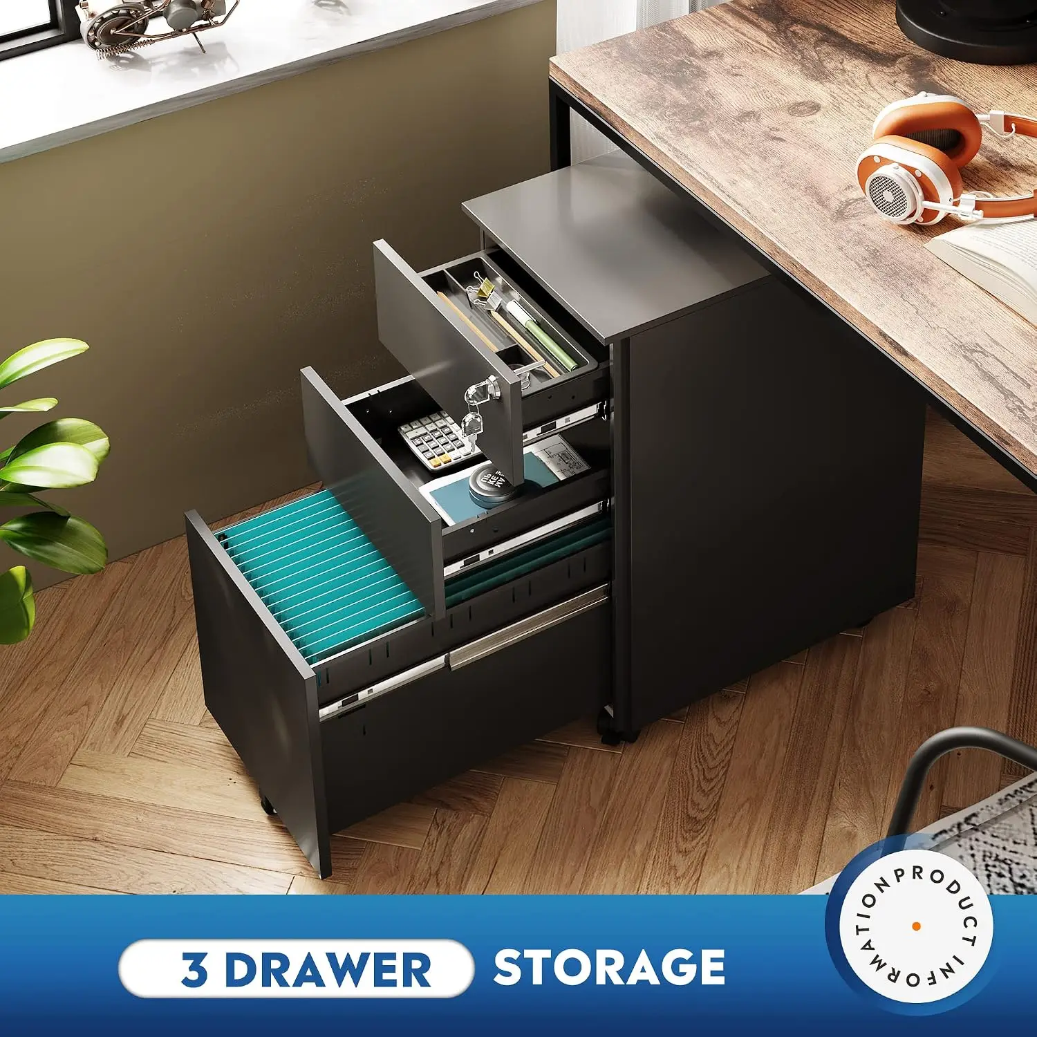 3 Drawer Slim Mobile File Cabinet for Letter Legal A4 Files, Fully Assembled Except Wheels, Black, Customized