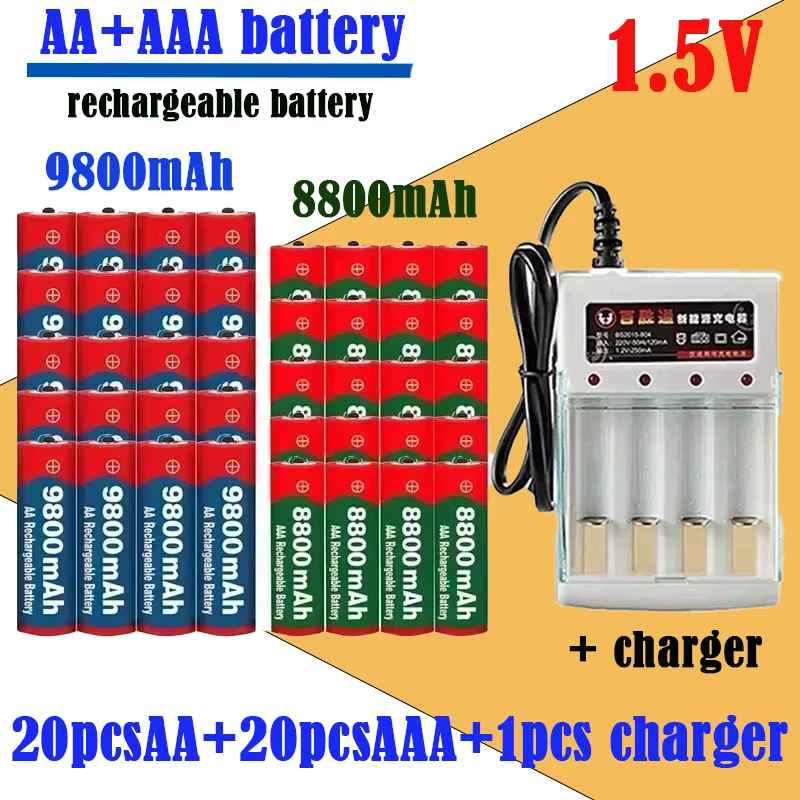 New Rechargeable Battery 1.5V, AAA 8800Mah+AA 9800 Mah, Plus Charger Set Alkaline Technology, Suitable for Remote Control,shaver