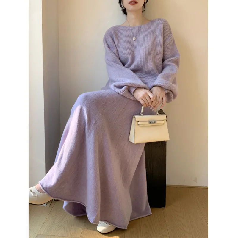 Fall Winter Warm Knitted 2 Piece Set For Woman Outfits Korean Casual Pullover Oversized Solid Sweater+long Skirt Sets 2024