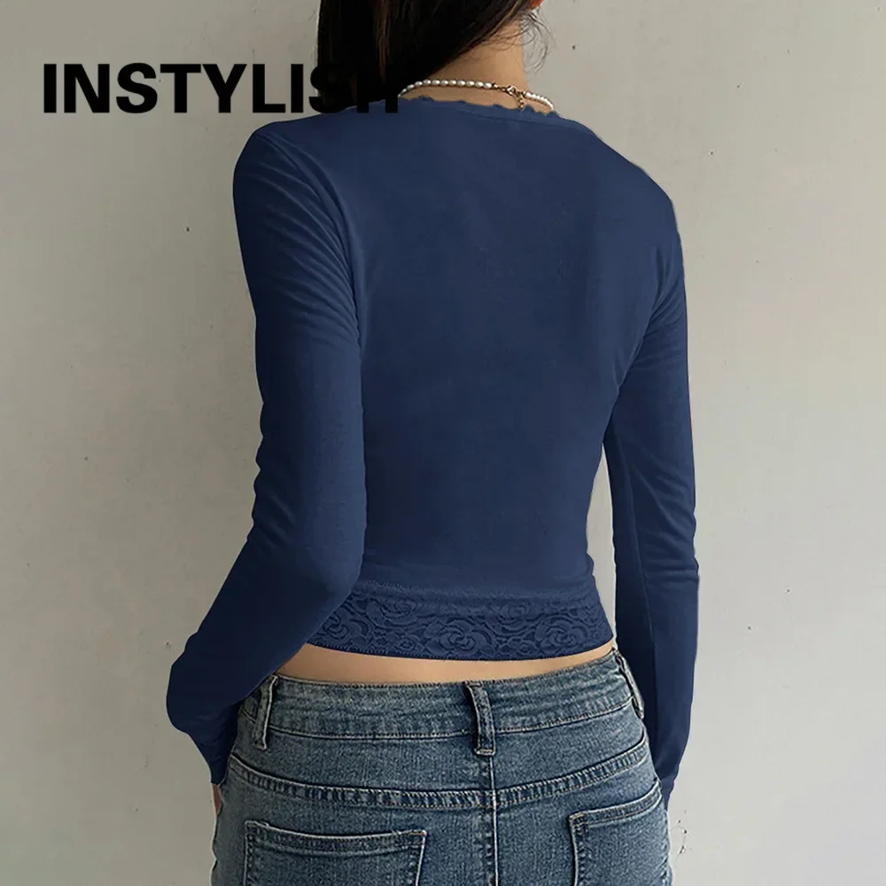 Y2K Women Lace Trim Long Sleeve Crop Top U Neck Slim Fit Basic T Shirt Vintage Gothic Patchwork Cropped Tees Female Streetwear