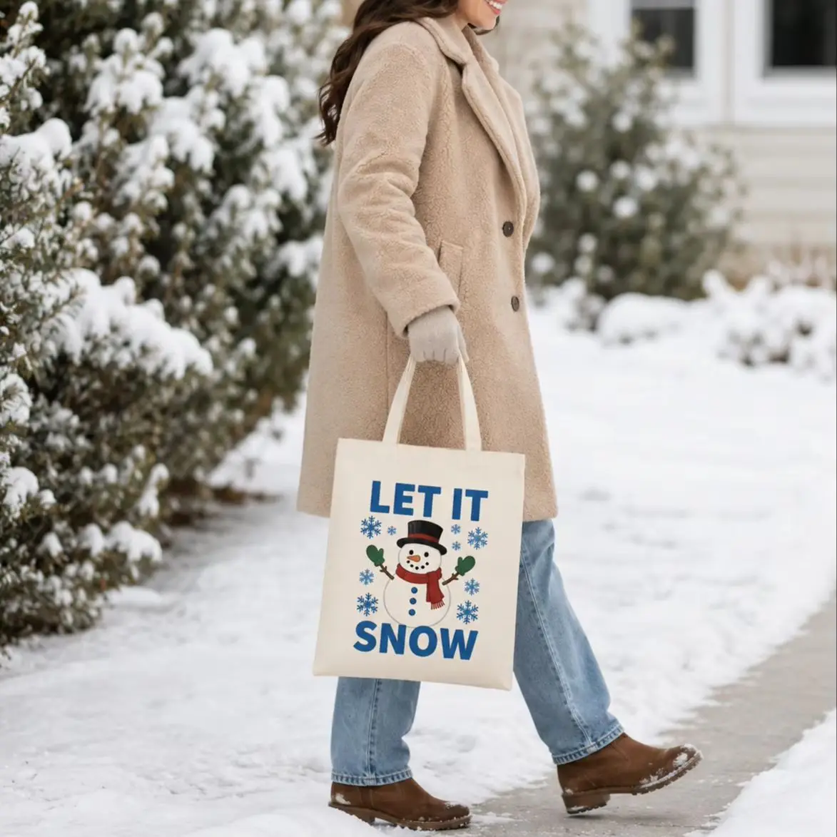 Custom 10ps Canvas Tote Bag Festive Reindeer Snowflake Custom Name Logo Text Large Shopping Gift Handbag For Women Family Party