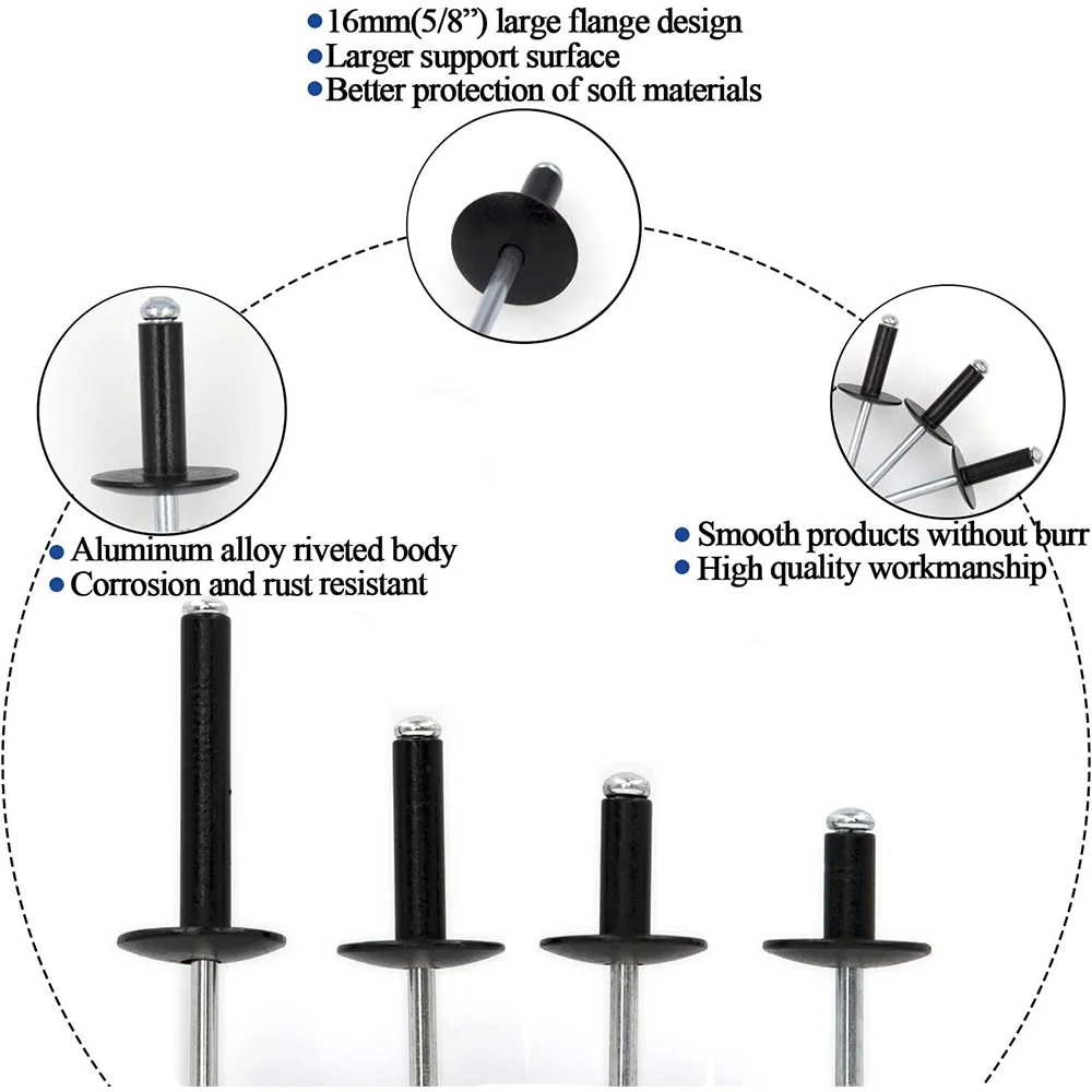 Black Large Flange Blind Rivets Aluminum Flange Diameter 5/8' (16 mm), Pop Rivets Blind Rivet, 3/16' X 1' Inch Grip Range (15-20