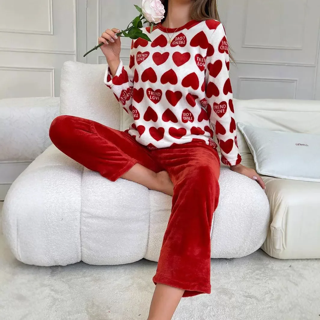 Autumn Winter Warm Thicken Pajamas Red Heart Pajamas Sets for Women Long Sleepwear Girl Rest Suits Coral Fleece Homewear Clothes