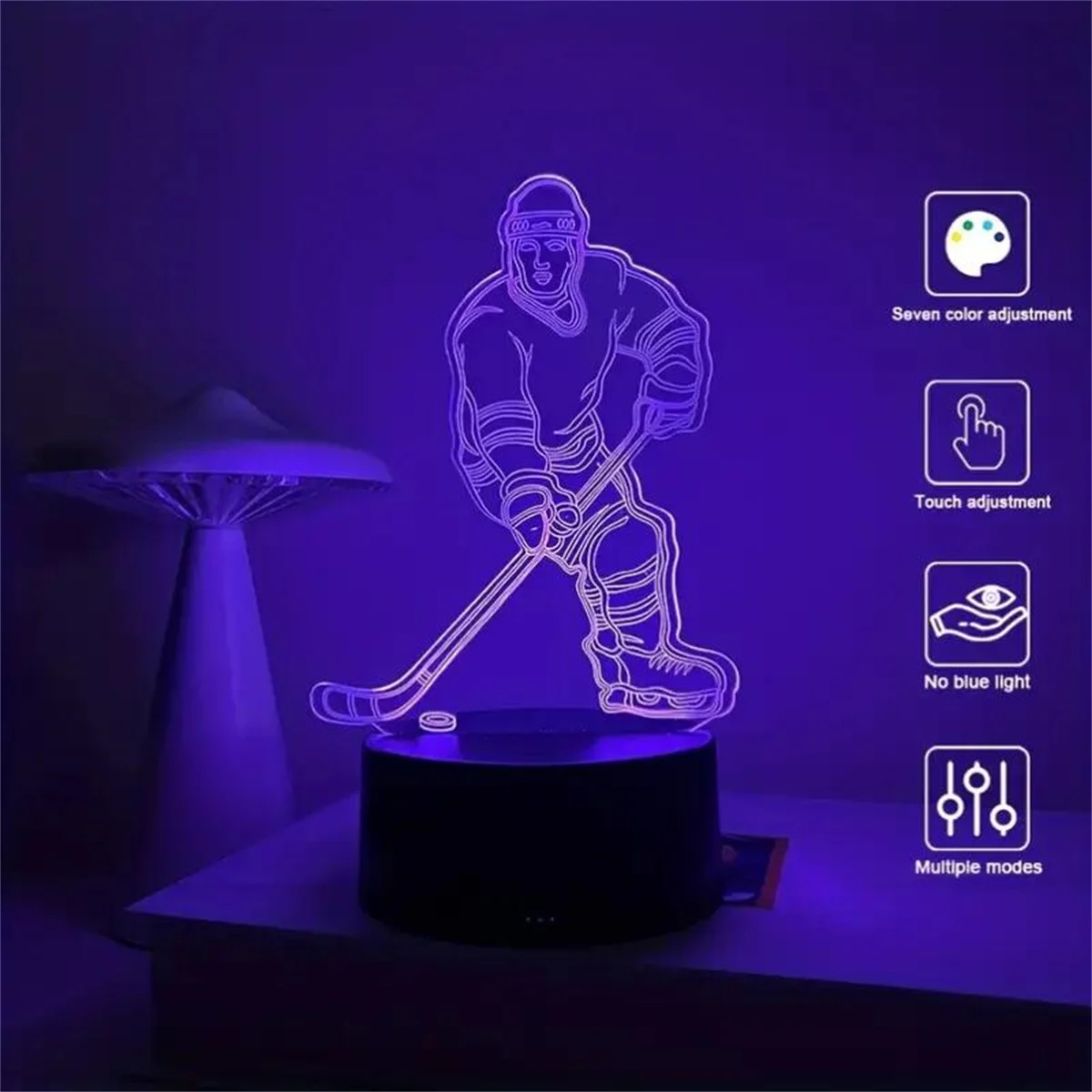 1pc Ice Hockey  3D Night Light, 3D Optical Illusion Lamp With Touch, 7-Color Changing Ambient Light For Bedroom