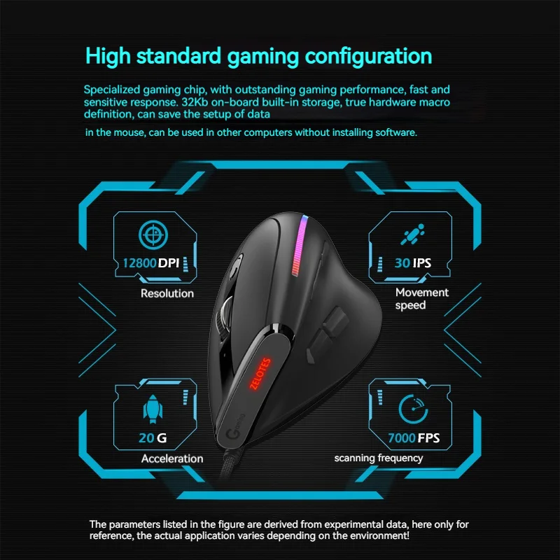 ZELOTES T-50 Vertical Ergonomic USB Wired Mouse 9 keys RGB 12800 DPI Adjustable Mouse for PC Computer Laptop Desktop Notebook