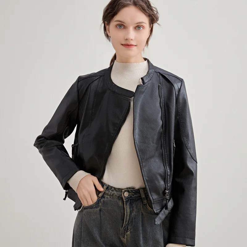 Purchase autumn leather clothes stand collar slim fitting motorcycle PU washed leather fashionable women's short top jacket