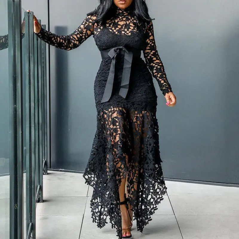 

2026 New Women's Purple Lace Hollow Long Sleeve High Neck Lace Irregular Dress Sexy Celebrity Cocktail Party Evening Dress
