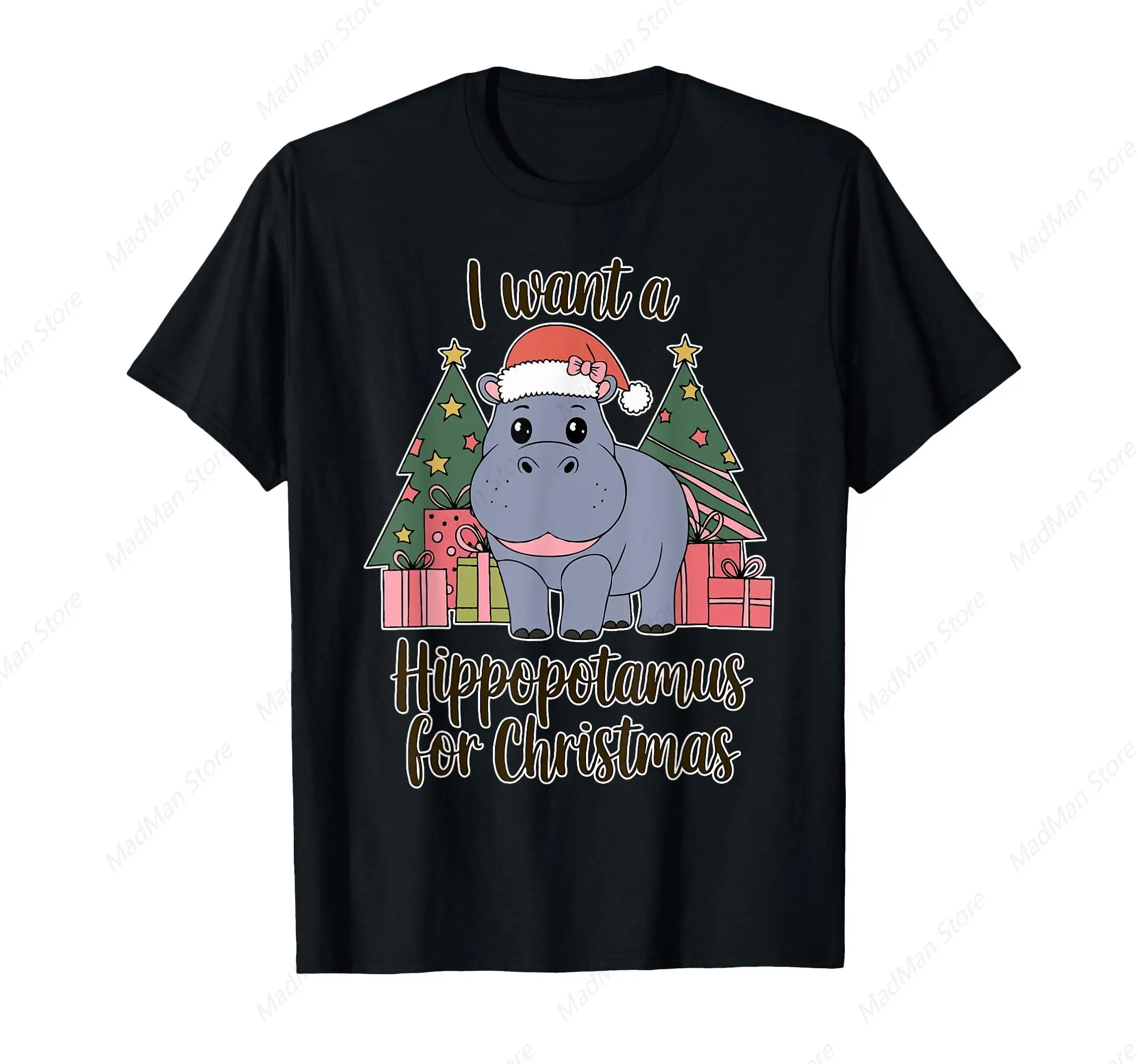 Ich möchte ein Nilpferd für Weihnachten, Weihnachts-Hippo-T-Shirt für Männer und Frauen, Baumwoll-Top, lässig, kurze Ärmel