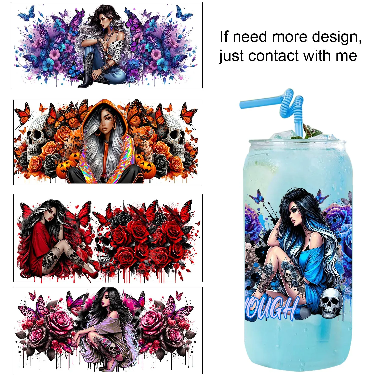 

Trendy tattooed girl Series easy peel waterproof DIY decoration decals 3D transfers uvdtf crystal sticker 16oz uv dtf cup wraps