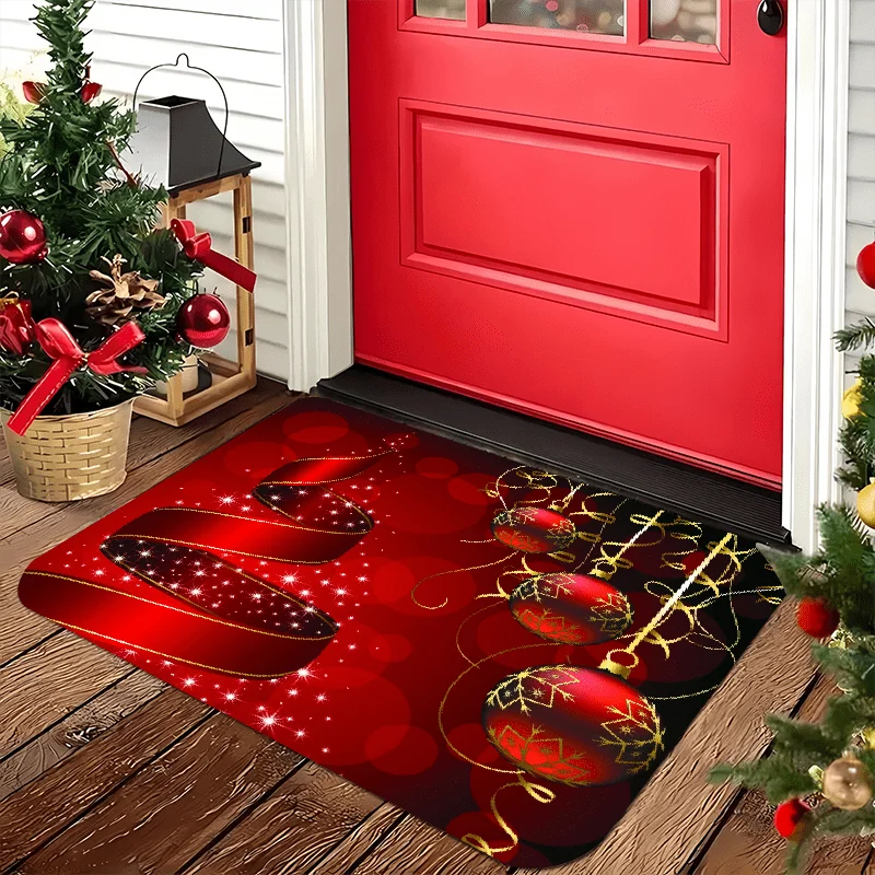 1pc 2D Flat Christmas Rug, Red Christmas Bauble & Ribbon Print, Machine Washable, Soft, for Entryway, Living Room, Bedroom