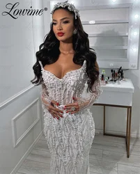 Arabic White Pearl Evening Dresses Mermaid Prom Dress Sequined Lace Formal Wedding Party Dress 2024 Custom Strapless Prom Gowns