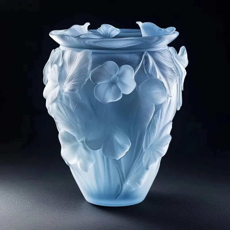 

Hand carved crystal glass, leaf relief vase, art deco design wedding, bar mitzvah, tabletop decoration