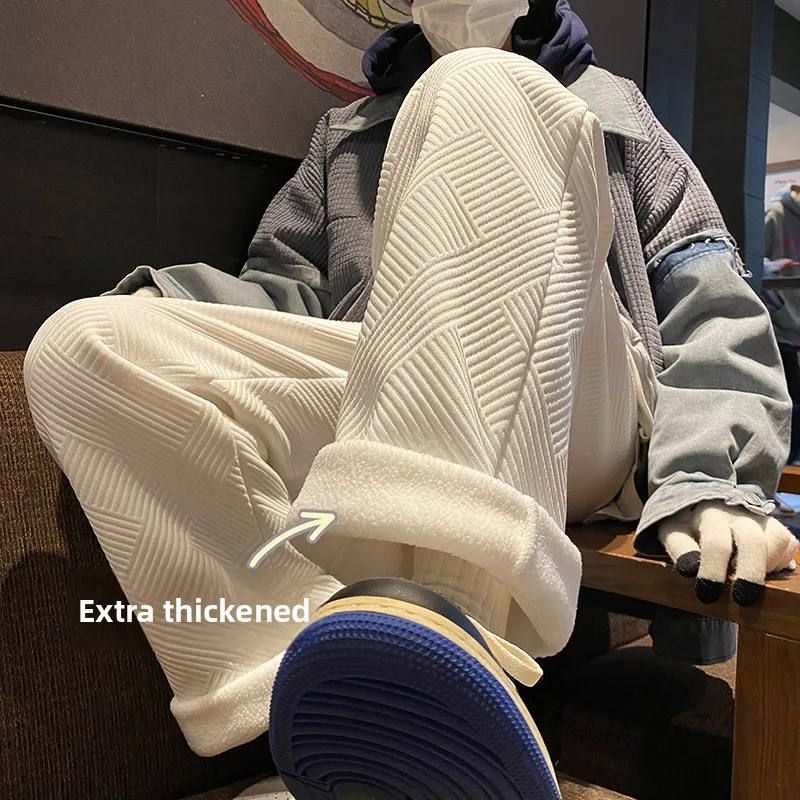 

Men's Winter Fce Lined Thi Warm Wide Leg Pants American Casual Loose Fit Spor Trousers Youthful Energy Sle