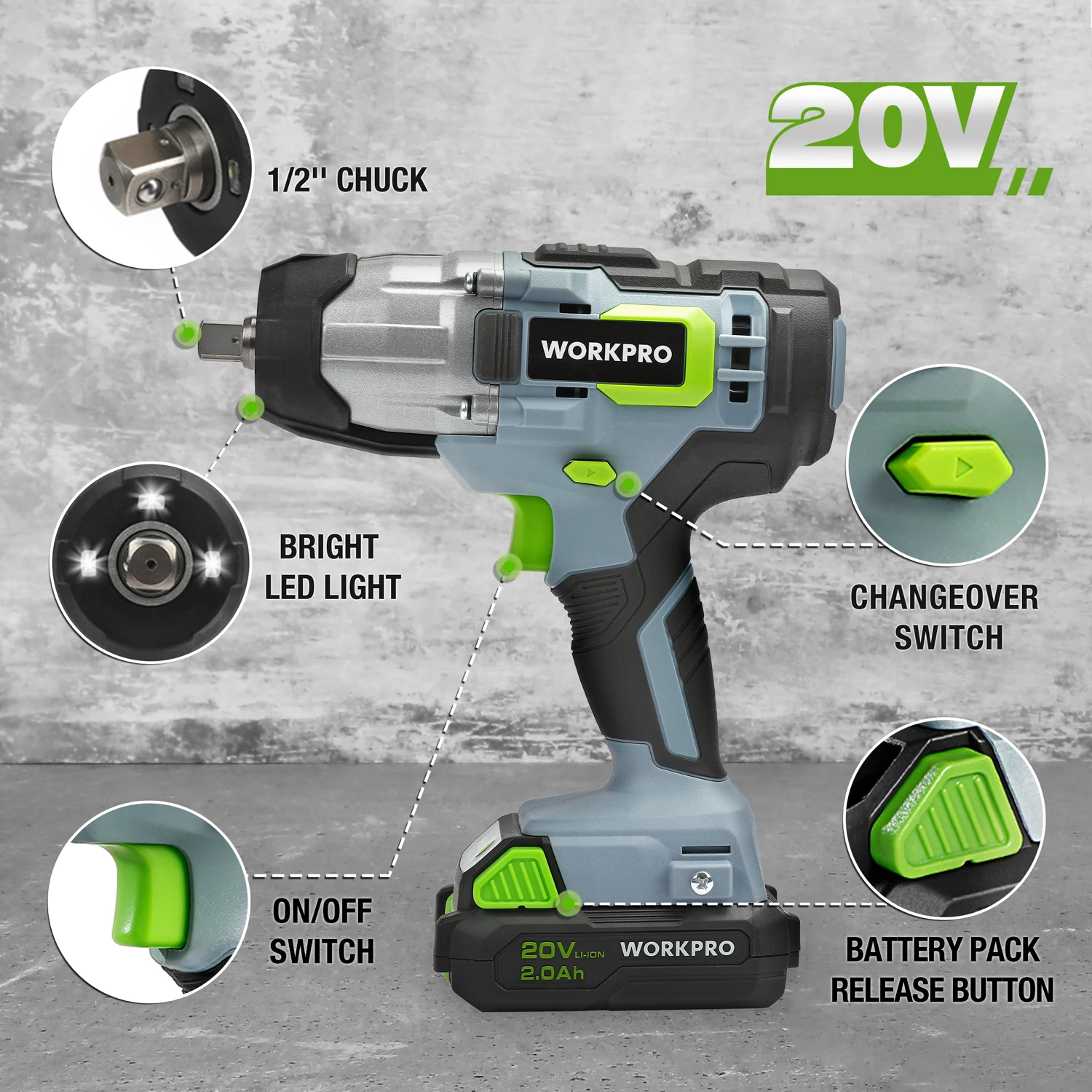 WORKPRO 20V Cordless Impact Wrench  1/2-inch 320 Ft Pounds Max Torque 2.0Ah Li-ion Battery with Fast Charger, Belt Clip for Ea