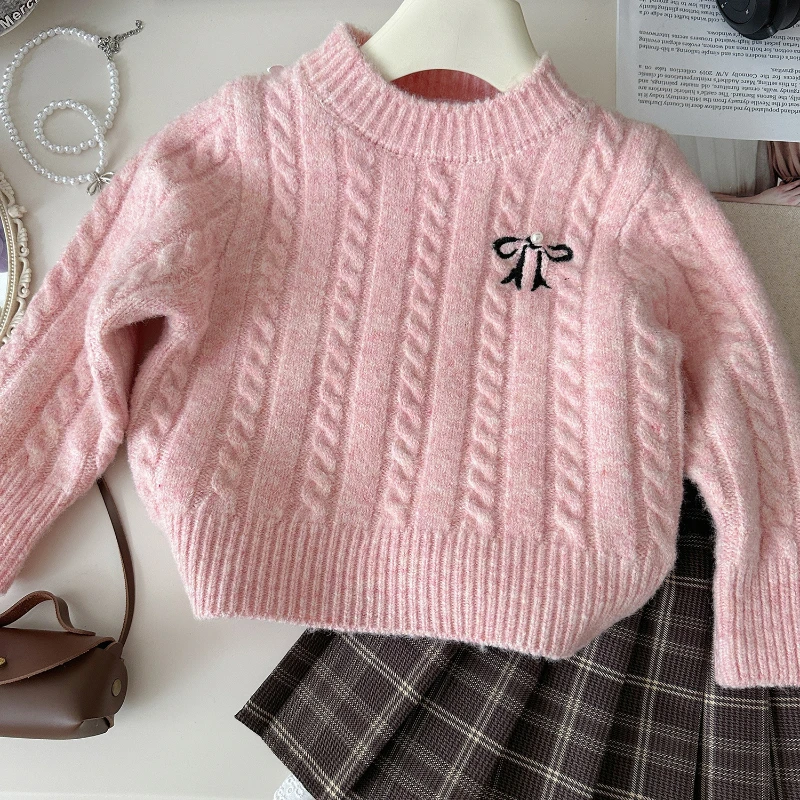 Girls\' Suit 2024 Autumn New Korean Girls\' Knit Sweater + Tie Dye Bow Skirt Two-piece Set Girls Clothes 2-7yrs