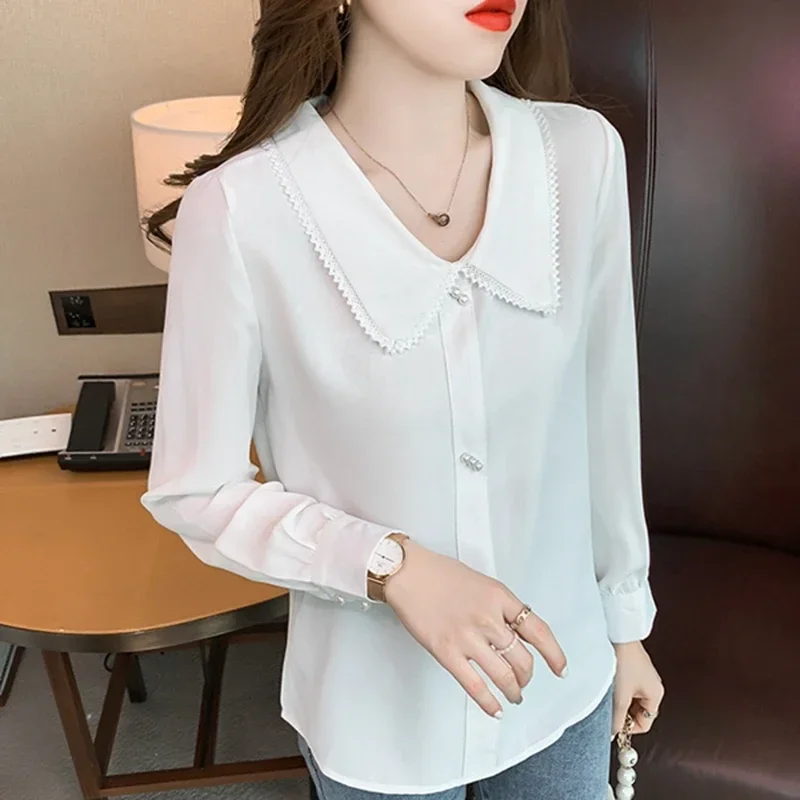 Casual Chiffon Shirts Women 2024 Elegant Korean Fashion Clothes Blusas Mujer Long Sleeve Office White Purple Ladies Tops Blouses