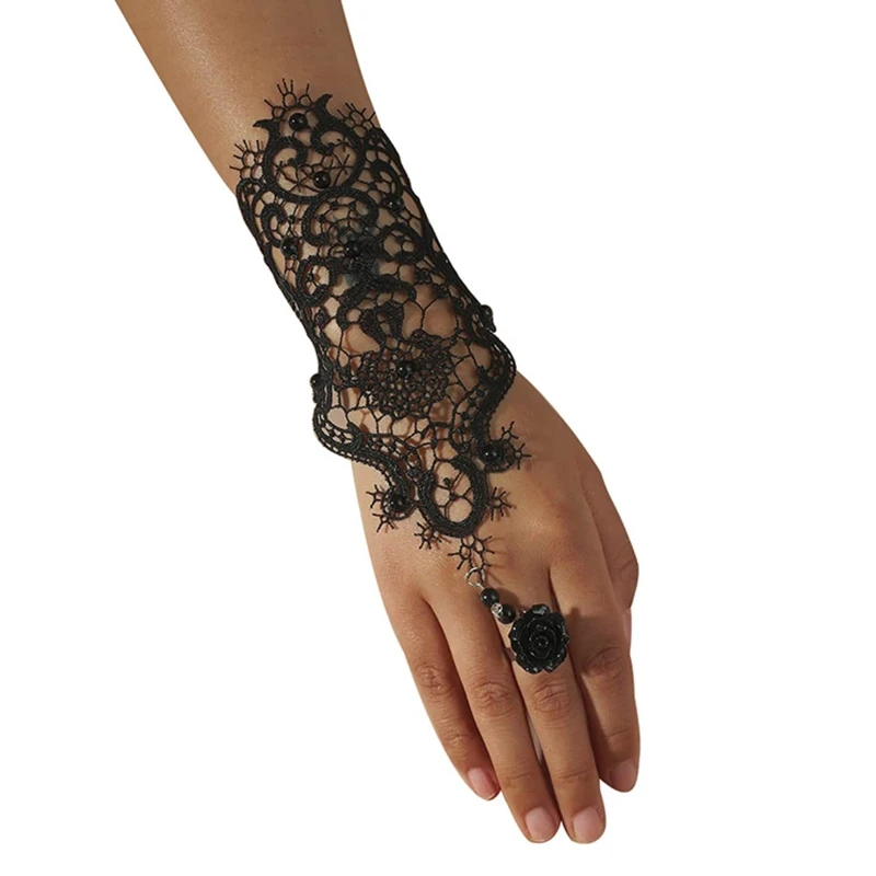 Wedding Bridal Black White Gloves Lace Bracelet Flower Decor Adjustable Ring Set Dropship