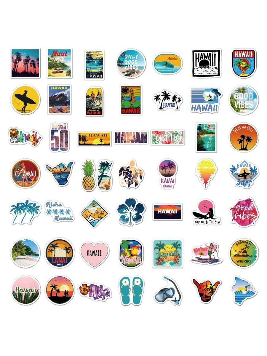 50 Beach Stickers Graffiti Summer Surfing Instagram Waterproof Decoration for Water Bottle Luggage, Laptop, Mobile Phone,