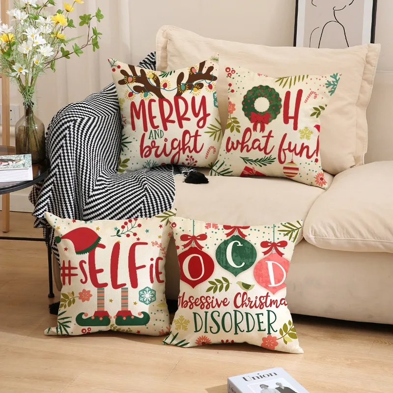 

4 Pieces Christmas Pillow Cover Merry Christmas Throw Cushion Covers Xmas Holiday Pillow Case for Party Home Decoration 45x45cm