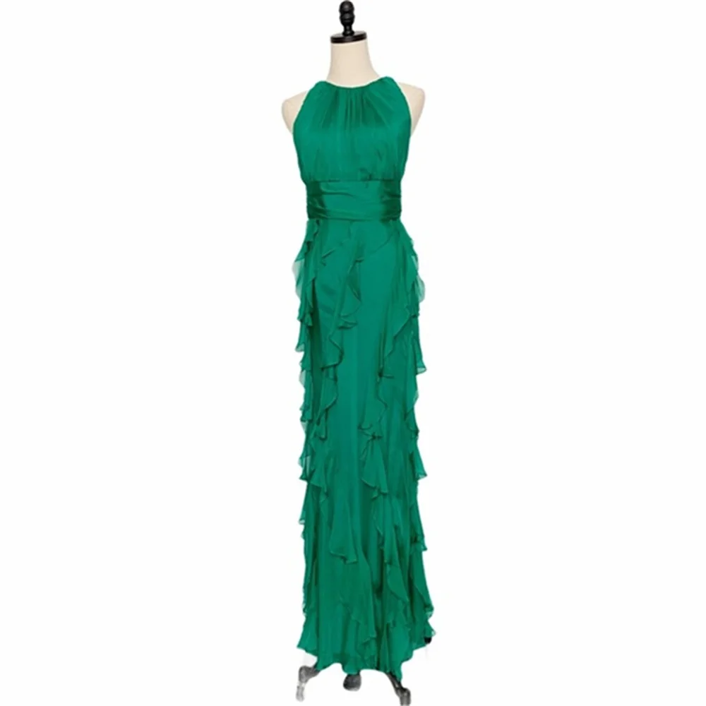 Bella Green Chiffon Prom Dresses O-Neck Edge Curl Mermaid Wedding Dress Customized Sleeveless Floor-Length Vestidos De Fiesta