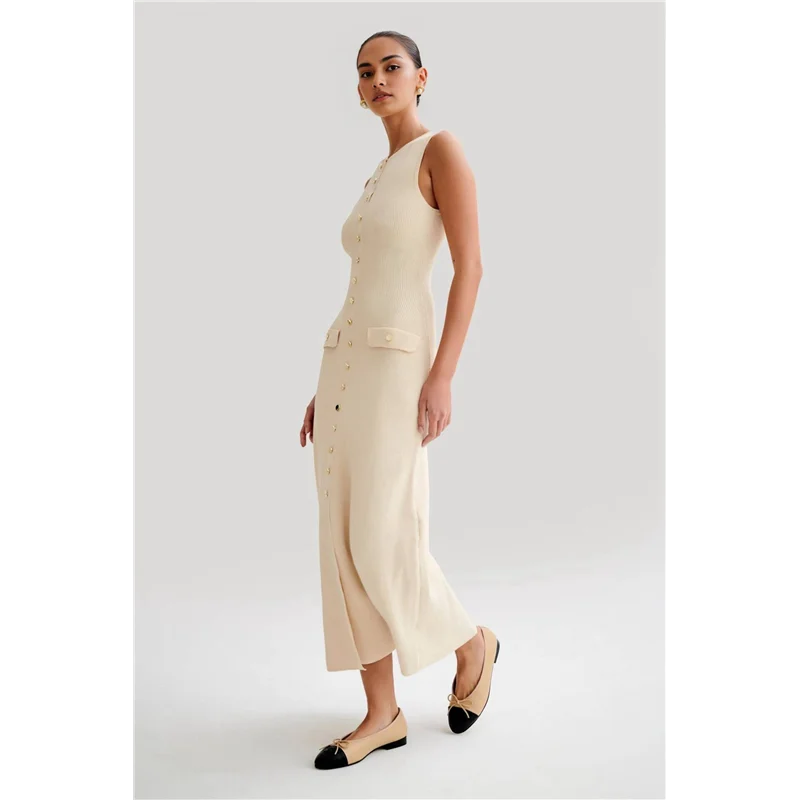 ABP-robe longue en tricot pour femmes, sans manches, simple boutonnage, fente, col rond, pull, moulante, été