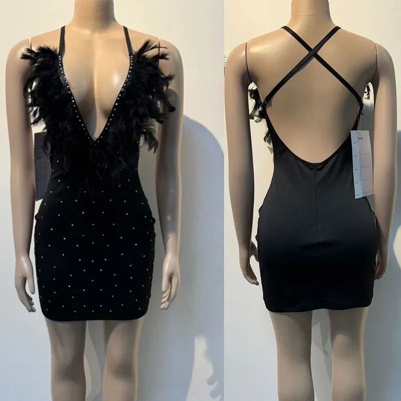 Sexy Club Party Nacht Federn Strass Geburtstags kleid Frauen Luxus elegante tiefe V-Ausschnitt Diamanten Cocktail Bodycon Mini kleid