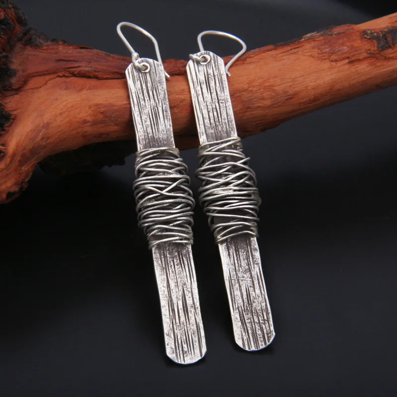 

Uglyless Unusual Thai Silver Lines Wrapping Super Long Rectangle Earrings Women 925 Silver Exaggerated Jewelry Exotic Earrings