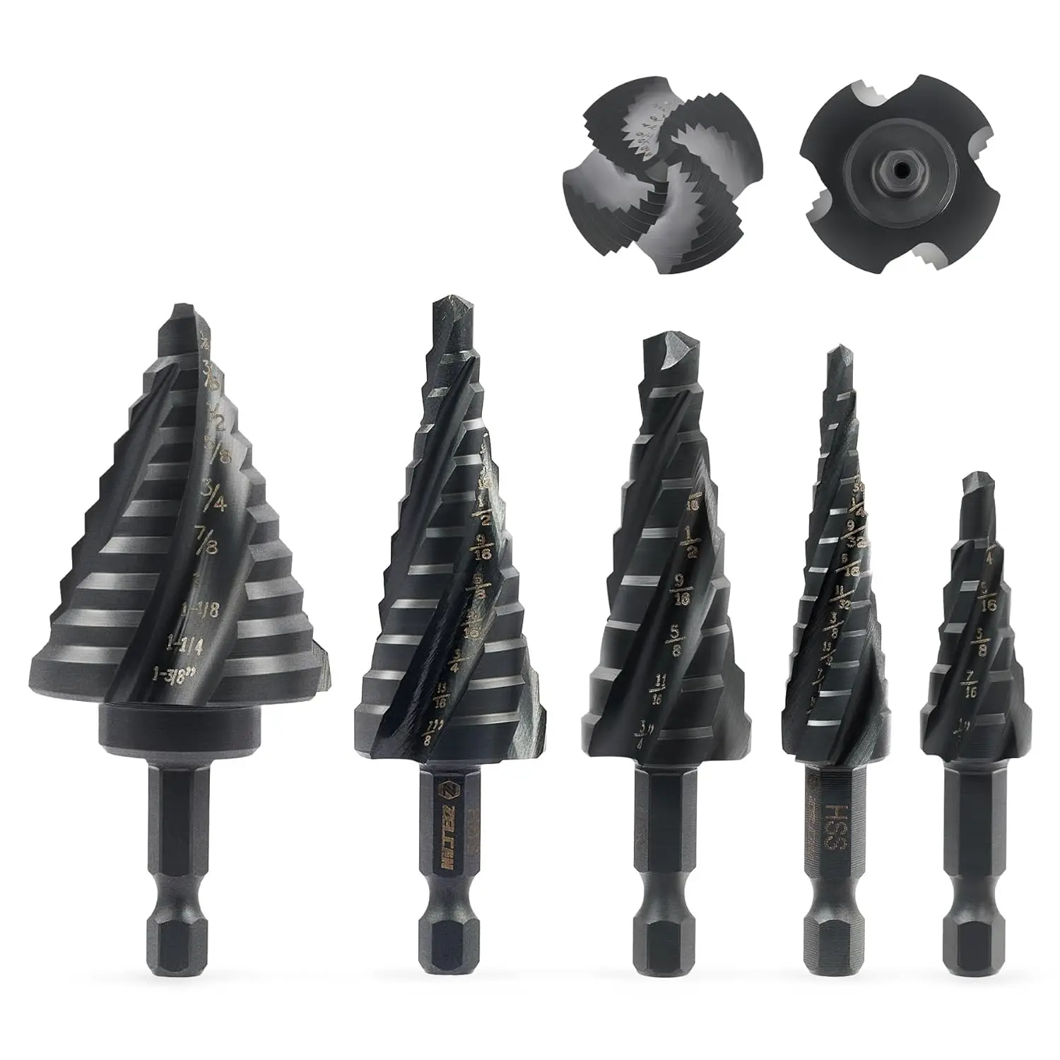 

Step Drill Bit Set, 5PCS Four Spiral Flute Step Bits for Metal, 50 Sizes Titanium-Coated HSS Drill Bits with 1/4" Hex Shank for