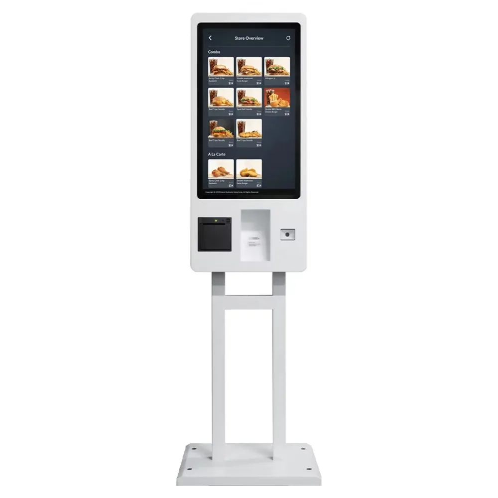 27 Inch Touch Self Printer Service Ordering Machine With POS System Cash Accepter Payment Kiosk QR Code Scanner for Restaurant