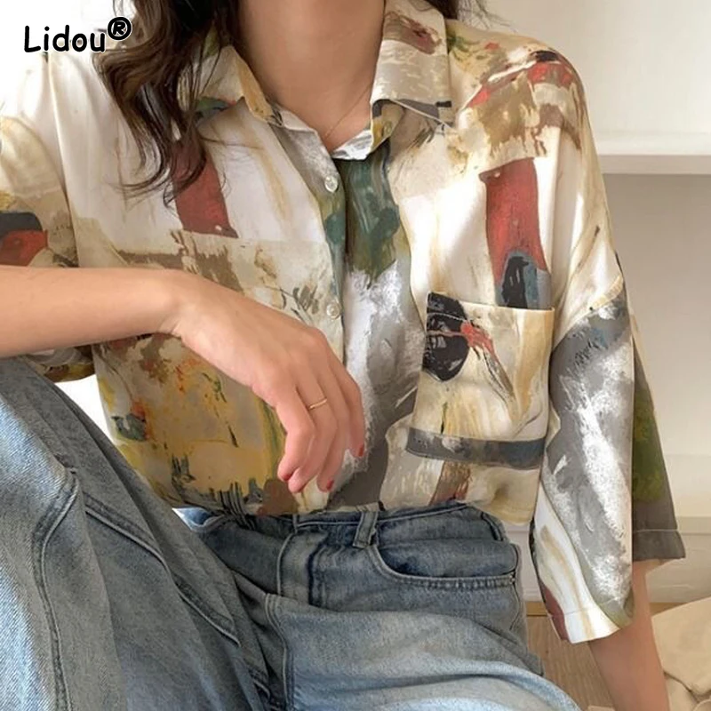 Korean Thin Summer 2023 Women\'s Clothing Fashion Casual Loose Printing Button Short Sleeve Blouses Turn-down Collar Straight