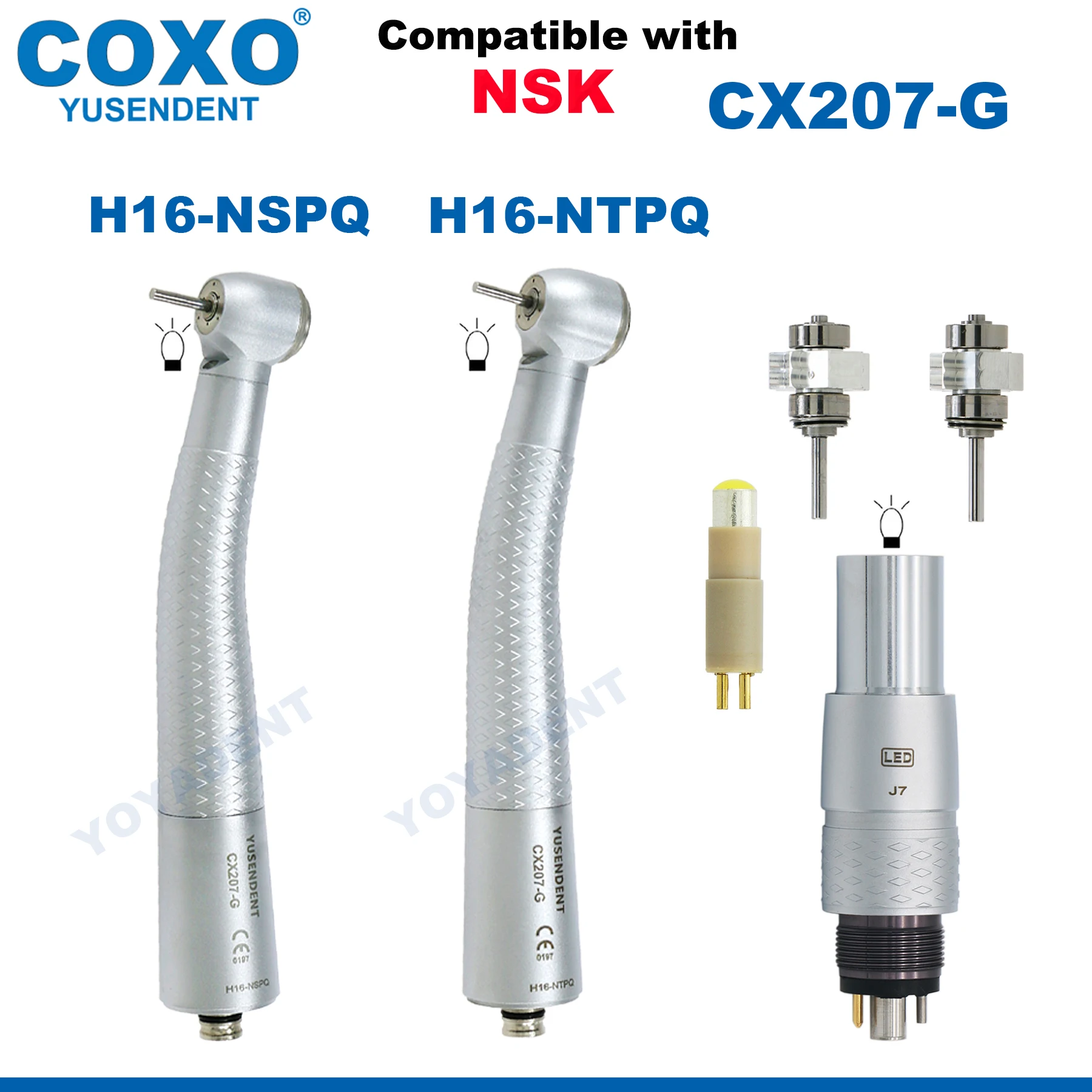 

COXO Dental Fiber Optic Handpiece High Speed Turbine push button 3 way spray 3 air LED Coupler 6 Pin Fit NSK Machlite/Phatelus