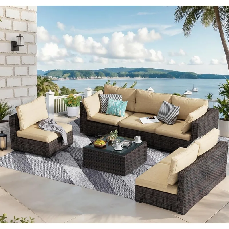 

Patio Furniture Set Outdoor Wicker Sectional Sofa High Backrest PE Rattan Couch Conversation Set with Cushion & Glass Top