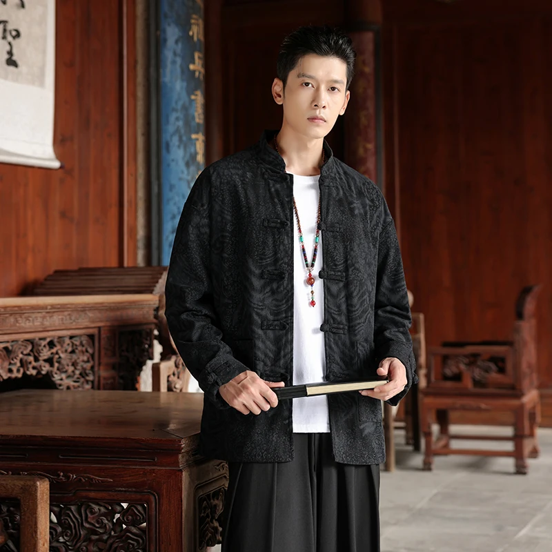 

New Chinese Sle Men's Long Sve Jaet Loose Fit Embroidered Coat Spring Autumn Large Size Button up Outerwear