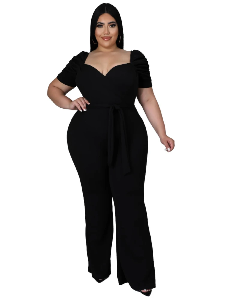 Kombinezony Plus Size z krótkim rękawem Sexy V wysoki dekolt talia Bodycon długi, szeroki nogi spodnie z paskiem na co dzień wieczór kostiumy