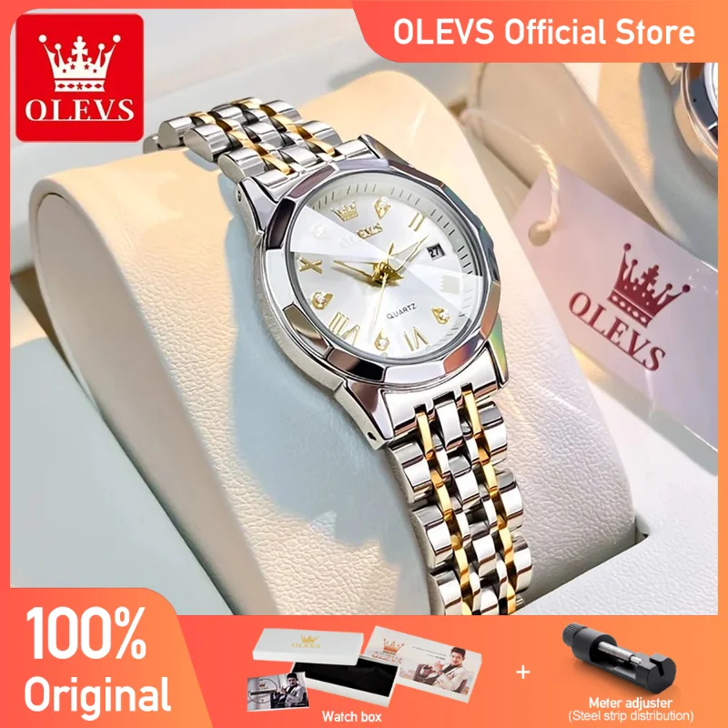 OLEVS Top Brand Women\'s Watches Elegant Rhombus Mirror Original Quartz Ladies Wristwatch Stainless Steel Waterproof Luminous New