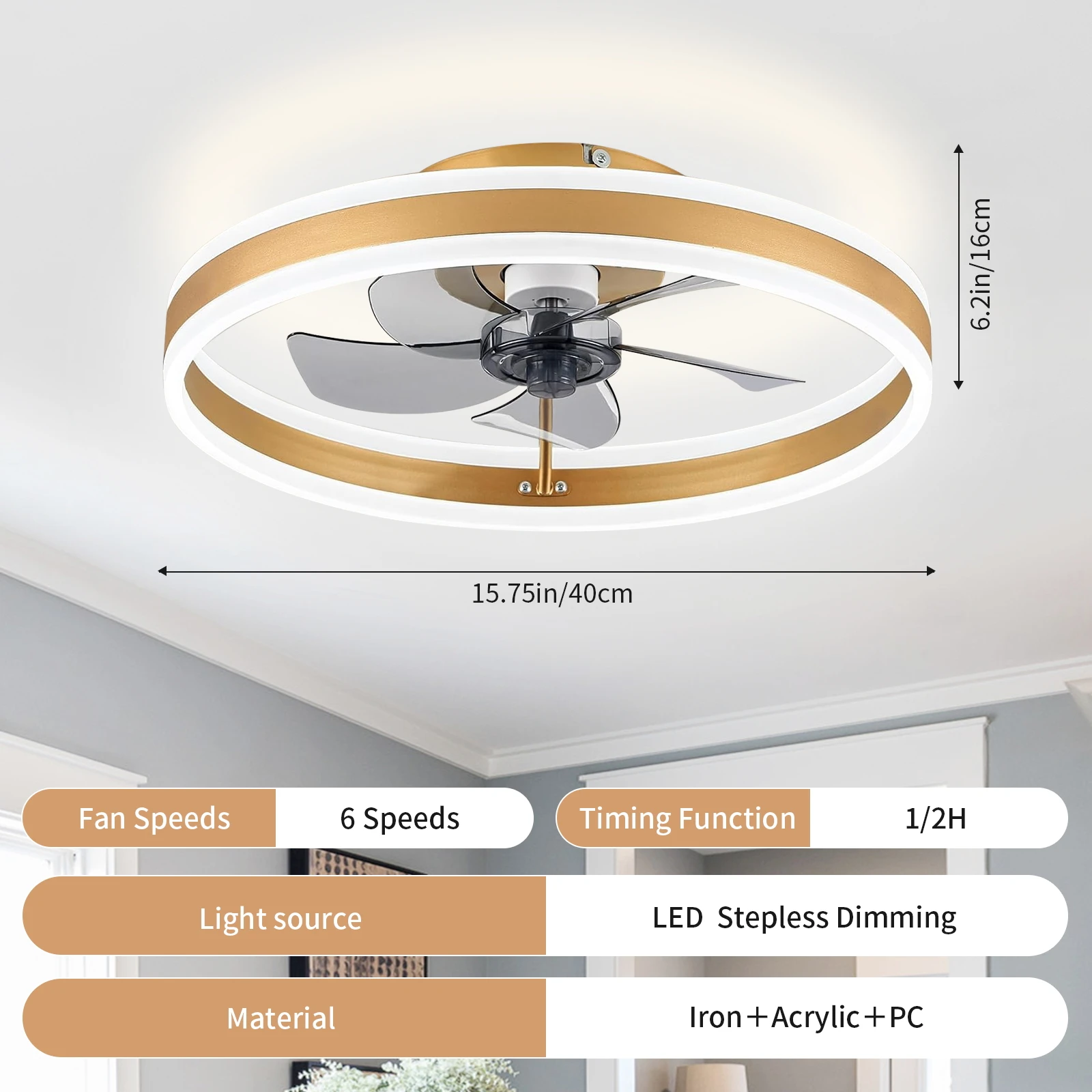 Recessed Ceiling Fan Light with Light and Remote Control, 16Inch White Modern Smart Bedroom Ceiling Fan