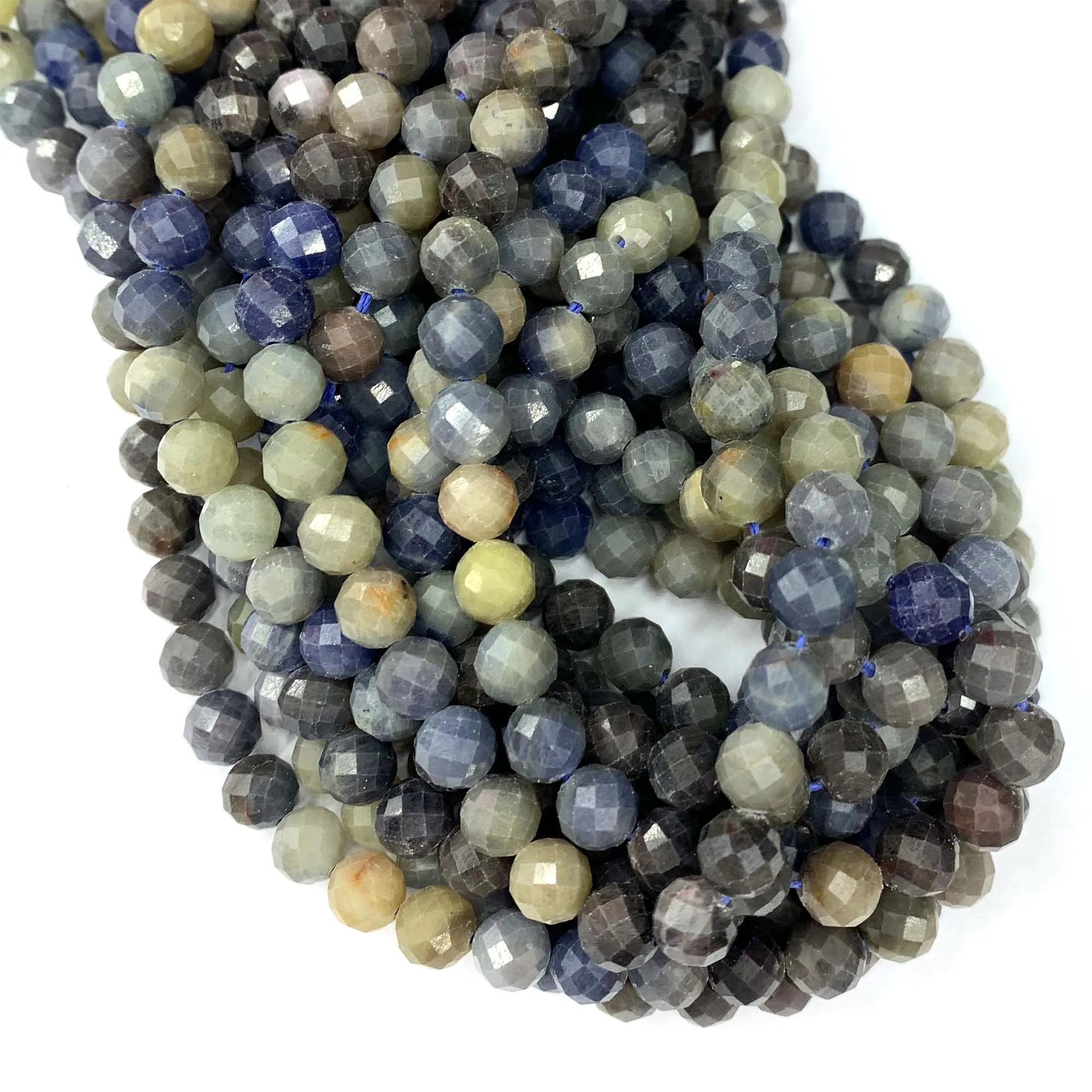 Veemake Natural Tanzania Sapphire Blue Yellow Faceted Round Loose Beads For Jewelry Making 08521
