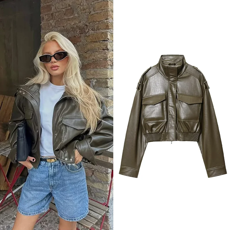 

HipSeam женская короткая куртка из искусственной кожи с подплечниками осенние женские пальто в европейском стиле с длинными рукавами женские шикарные топы