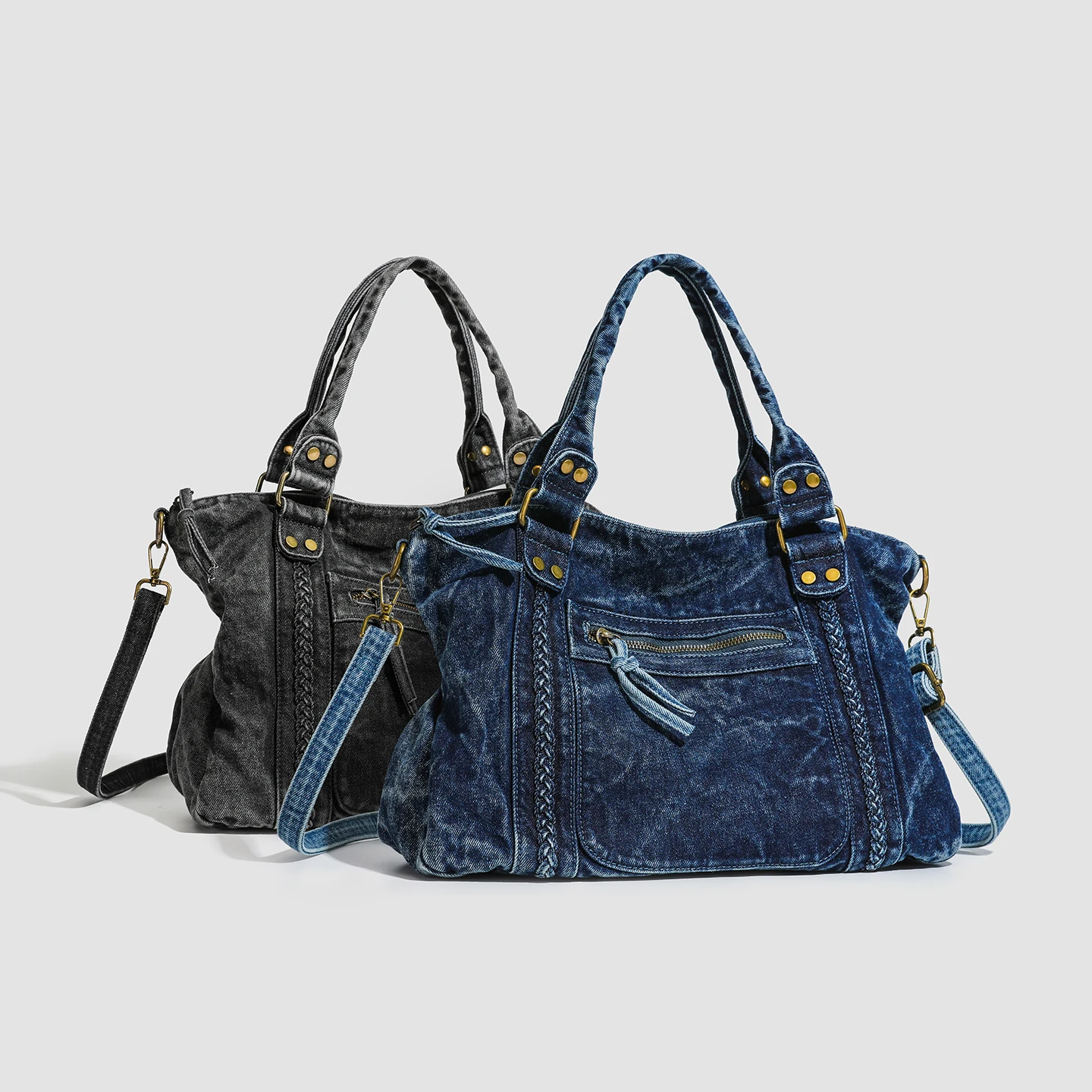 

Retro Y2K Hottie Washed Large Capacity One Shoulder Crossbody Bag Zippered Pocket Woven Decoration Unisex Daily Travel Tote Bag